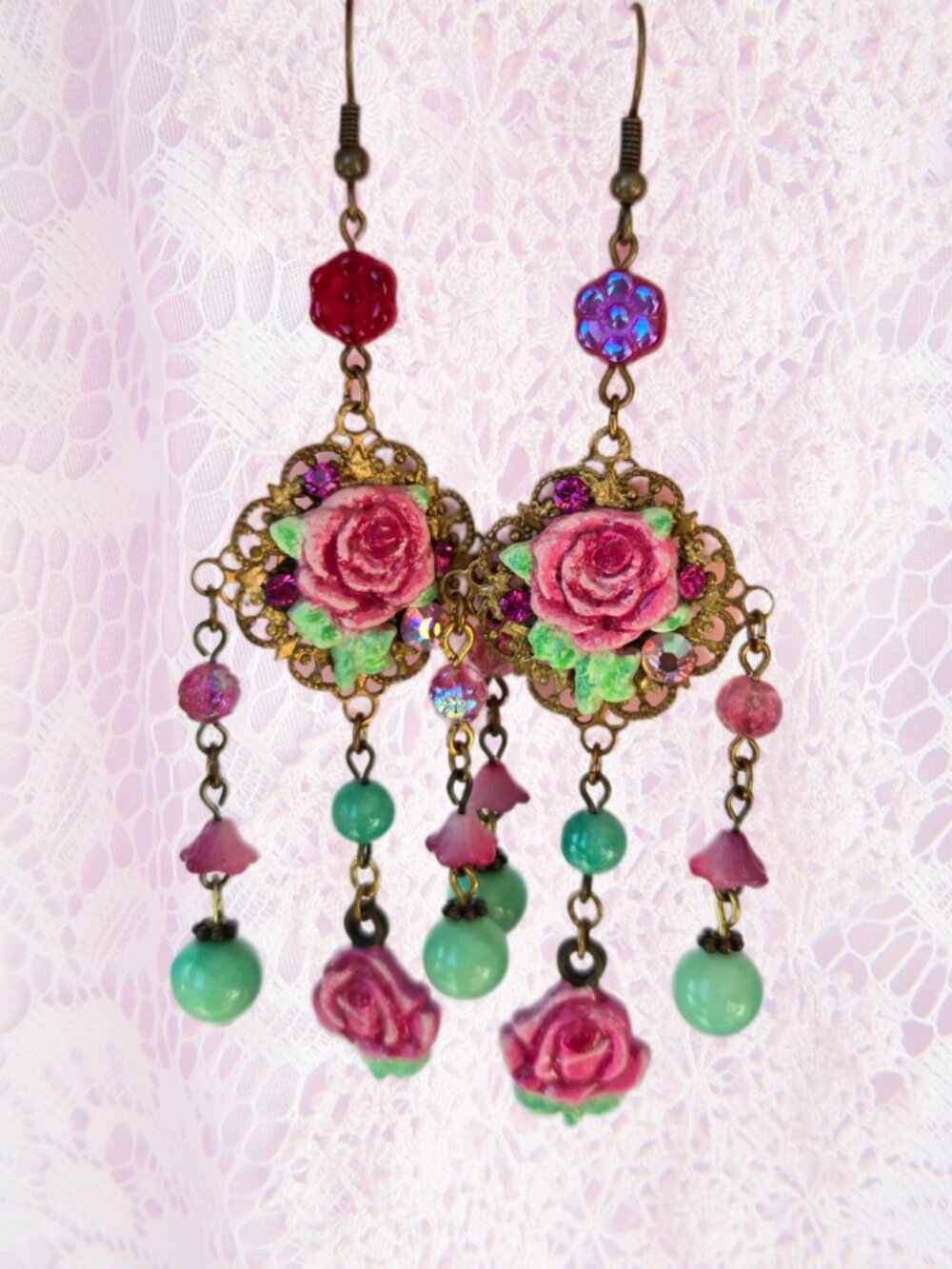 Rose and Crystal Romantic Chandelier Earrings